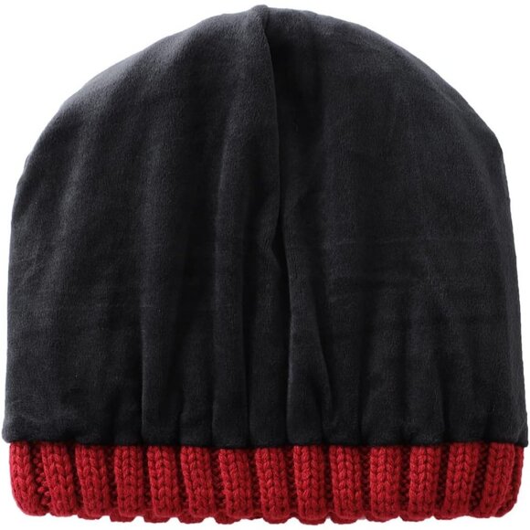 Men Red Ribbed knit Beanie Hat With Cuffed Brim and Small Leather Logo Patch - Picture 3 of 8